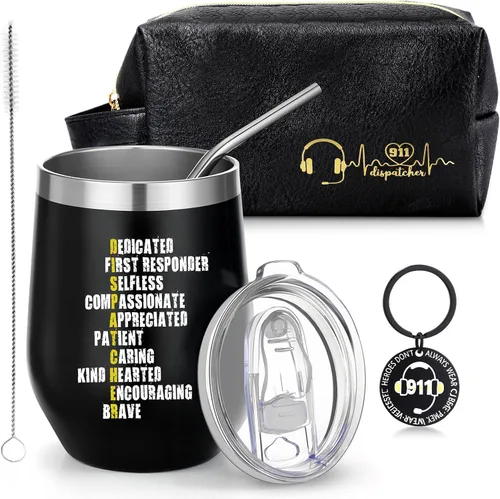 Dandat Juego de 3 artículos de aseo de cuero, regalo de agradecimiento para hombres, vaso de acero inoxidable de 12 onzas con llavero para compañero