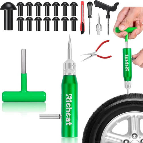 Richcat Kit de reparación de pinchazos de neumáticos sin cámara con tapón de seta, repara pinchazos y neumáticos planos para motocicletas,