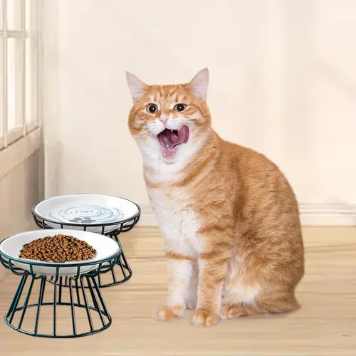 Miniatura 7 de Cuencos de cerámica para gatos con soporte de metal, paquete de 2 cuencos elevados para gatos elevados para gatos y agua para gatos de interior, 【2
