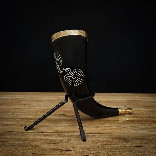 Miniatura 6 de Mythrojan Cuerno vikingo para beber 100% natural, auténtico, decoración de latón, cuerno nórdico con funda de cuero negro, bolsa de lona para vino
