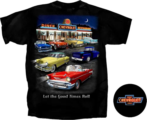 Miniatura 2 de Joe Blow T's Chevrolet Night Time Vintage Retro Diner Scene Good Times Roll Algodón Preencogido Camiseta - Negro