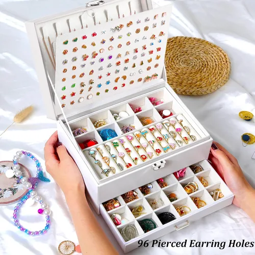 Miniatura 6 de Joyero de pendientes para mujeres y niñas, organizador de aretes de 5 capas, caja organizadora de joyas blanca con candado, collares y aretes