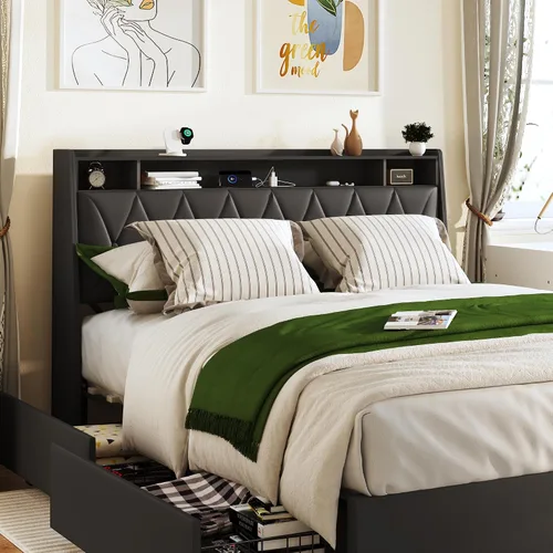Miniatura 6 de Base de cama Queen con cabecera ergonómica, base de cama de plataforma tamaño Queen con tomas de corriente y cargador, marco de cama de metal