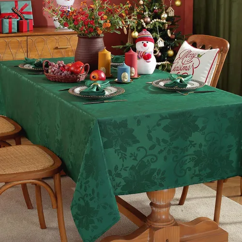 Miniatura 2 de SASTYBALE Mantel rectangular de Navidad, mantel jacquard verde de 60 x 102 pulgadas con patrón floral de flor de pascua, mantel de tela de damasco
