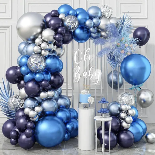 Miniatura 19 de Kit de arco de globos azul negro y blanco, kit de guirnalda de globos azul marino blanco negro con globos de látex plateado metálico globos de Azul