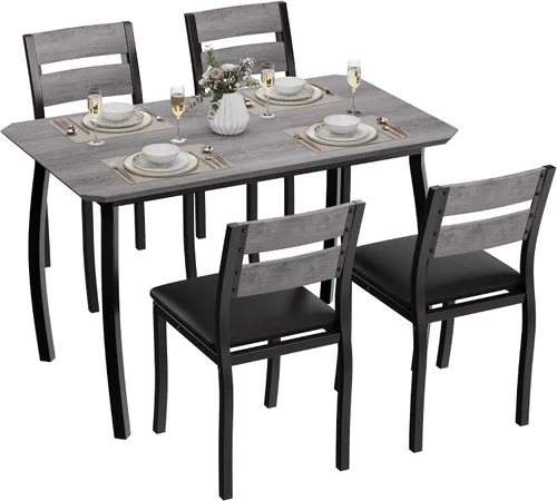 IDEALHOUSE Juego de mesa de comedor para 4 mesas de cocina modernas y sillas con bordes biselados, asientos acolchados, marco de metal compacto que