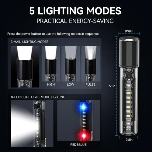 Miniatura 3 de VAVOFO Linterna LED, cuerpo de aluminio, linterna LED EDC púrpura - USB-C recargable, impermeable, enfoque de zoom, 3 modos, estroboscópico