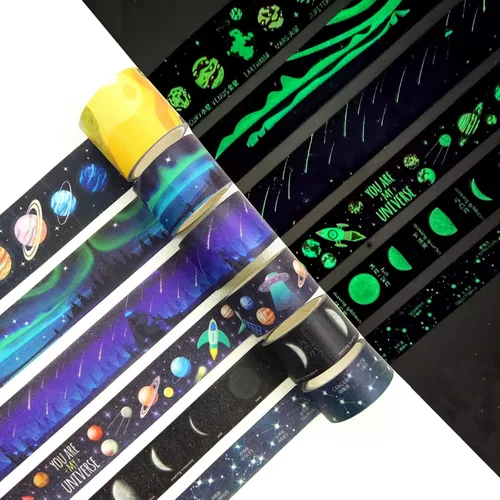 YUBBAEX Juego de cinta adhesiva luminosa de galaxia Washi que brilla en la oscuridad, decoración para artes, manualidades, suministros de diario,
