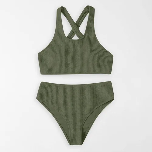 Miniatura 4 de Traje de baño de dos piezas acanalado sin espalda para mujer, traje de baño de cintura alta de 2 piezas