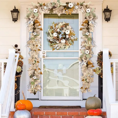 Miniatura 5 de Decoraciones de otoño para el hogar, guirnalda de hojas de arce de otoño de 6 pies, calabaza y bayas, manto de Acción de Gracias, chimenea
