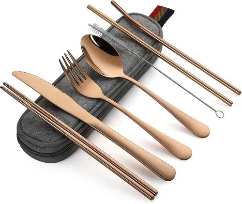 Miniatura 11 de DEVICO Utensilios portátiles, juego de cubiertos de viaje y campamento, 8 piezas, incluyendo cuchillo, tenedor, cuchara, palillos, cepillo