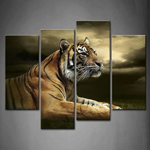 First Wall Art Pintura en 4 paneles, fresca, de colores, abstracta, con diseño de tigre mirando el cielo (lista para colgar)