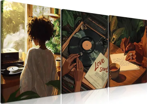 Miniatura 12 de Arte de pared de niña negra, impresiones modernas de pintura de mujer negra, juego de 3 pósteres de tocadiscos de música afroamericana, lienzo
