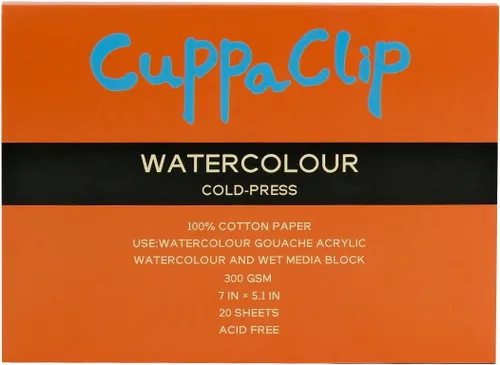 CuppaClip Bloque de papel de acuarela de algodón puro, 300 GSM (140 libras) sin ácidos, 20 hojas de suministros de arte de acuarela (prensa fría, 7