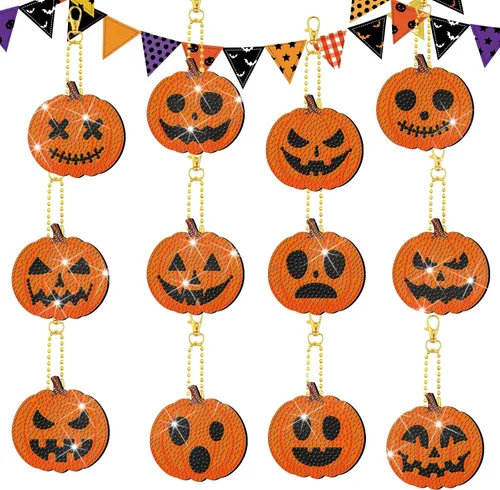 12 piezas de kit de llavero de pintura de diamantes de calabaza de Halloween Otoño Arte de diamantes de calabaza Accesorios DIY 5D Ornamento