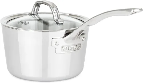 Viking Culinary - Cacerola contemporánea de acero inoxidable de 3 capas, 2.4 cuartos de galón, incluye tapa de vidrio, lavavajillas, apta para