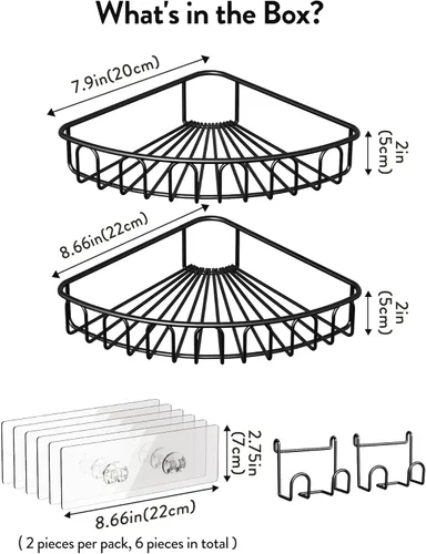 Miniatura 8 de Orimade Organizador de ducha esquinero con 2 ganchos montado en la pared de metal para baño, organizador de almacenamiento, adhesivo, sin Negro mate