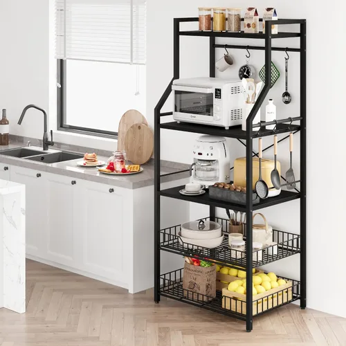 Miniatura 4 de IDEALHOUSE Estante para hornear de cocina, soporte para horno de microondas con 2 cestas grandes de alambre, estación de barra de café industrial