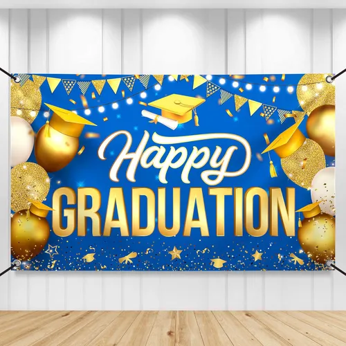Katchon, Cartel de feliz graduación dorado y azul – Xtralarge, 72 x 44 pulgadas | Fondo de graduación 2026, decoraciones de graduación clase de 2026