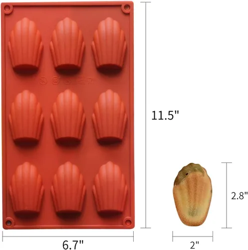 Miniatura 2 de Molde de Madeleine de 9 cavidades, 2 moldes de silicona antiadherentes, molde para hornear pastel con forma de concha (rojo ladrillo)