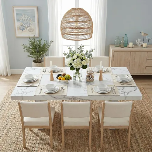 Miniatura 3 de gopop Mesa de comedor de mármol de 63 pulgadas, tablero de mesa de comedor MDF con patrón de mármol y base para cocina y comedor.