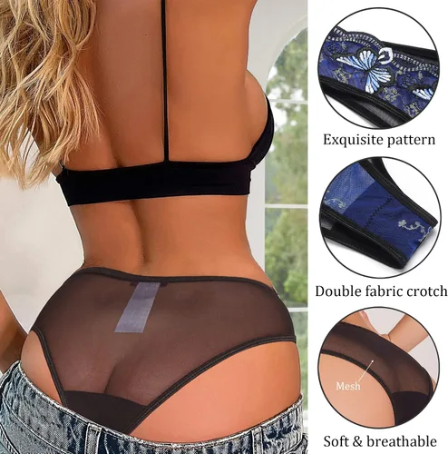 Miniatura 4 de Avidlove Bragas sexy para mujer, paquete de bragas de malla bordadas con mariposa