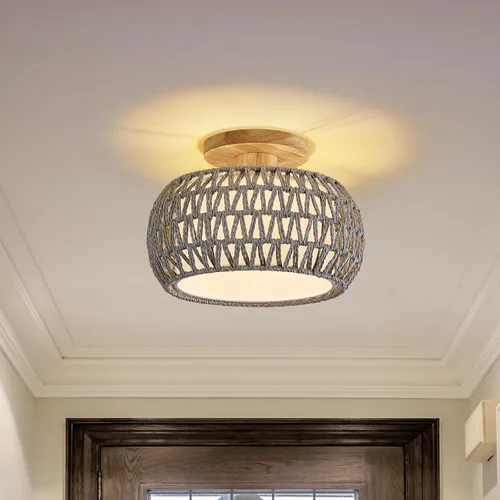 Miniatura 9 de Lámpara de techo de ratán bohemio, 3 opciones de estilo, luces de techo de mimbre semiempotradas, accesorios de luz costera beige, candelabro