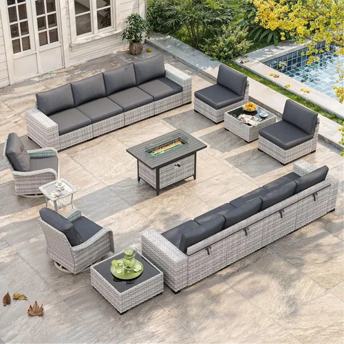 Miniatura 8 de Juego de muebles de mimbre para patio al aire libre de 3 piezas, sillas de patio giratorias mecedoras con respaldo alto con cojines gruesos de 4