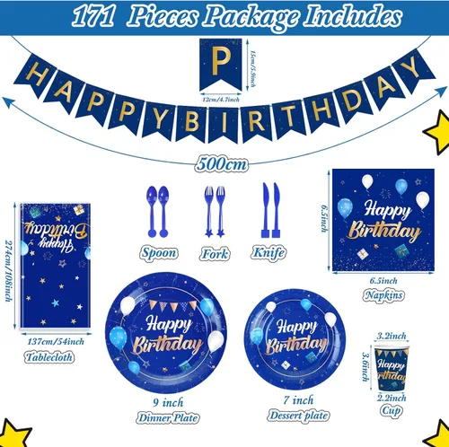 Miniatura 2 de Pajean Juego de vajilla azul y dorado para fiesta de cumpleaños, decoración de cumpleaños azul marino para hombres, pancartas y manteles, platos