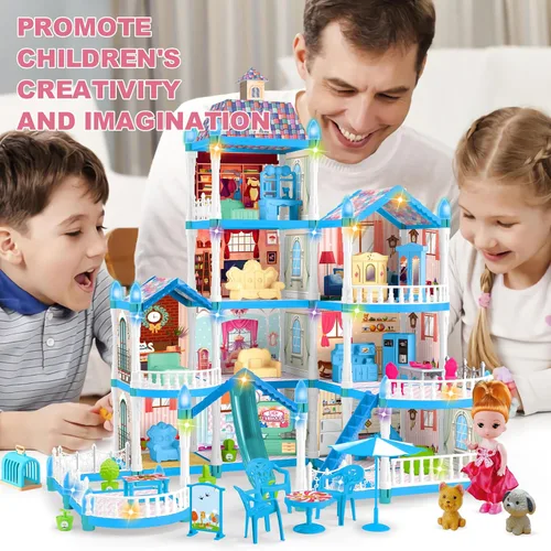 Miniatura 5 de Seifar Casa de muñecas para niñas, 10 habitaciones, juguete de casa azul con figuras de muñecas, cachorros, luces, muebles, accesorios, casa