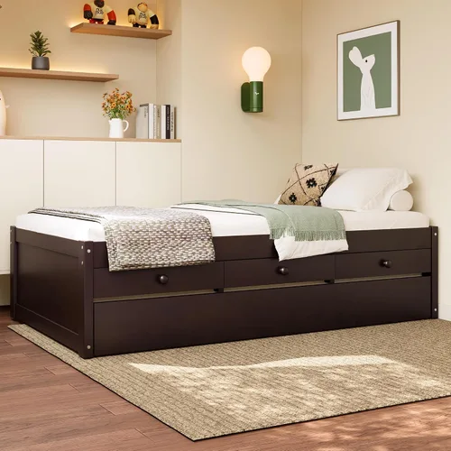 Miniatura 4 de Cama de plataforma individual con nido y cajones de almacenamiento, sofá cama de madera maciza con tomas de corriente y listones completamente