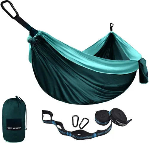 Miniatura 11 de Gold Armour hamaca de campamento, de tela de paracaídas, de marca estadounidense, tamaño único, 2 correas para árbol, 10 trabillas/20 pies Gris/Azul