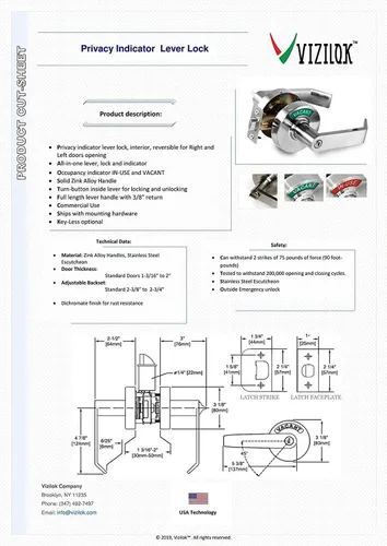 Miniatura 7 de VIZILOK Cerradura de puerta comercial para privacidad del baño, seguridad, cerradura indicadora estándar en cromo satinado, grado ANSi 2, perfecta