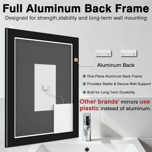 Miniatura 4 de EchosLife Espejos de baño LED de 20 x 28 pulgadas para pared, marco de aluminio negro (frontal y retroiluminado), espejo de tocador antivaho
