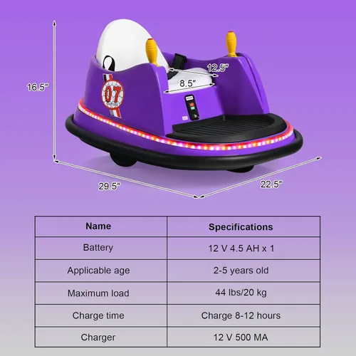 Miniatura 9 de HONEY JOY Coche de parachoques para niños pequeños de 12 V, funciona con batería, joysticks duales, luz LED intermitente y giro de 360 grados, Morado