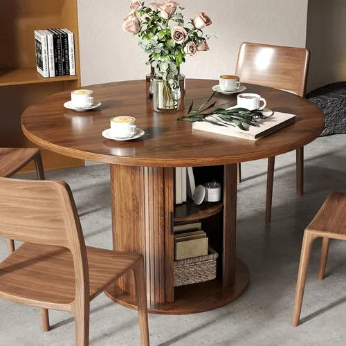 Miniatura 10 de SoarFlash Mesa de comedor redonda de 31.5 pulgadas para 2-3, mesa de cocina circular de granja con espacio de almacenamiento, base de tira de madera