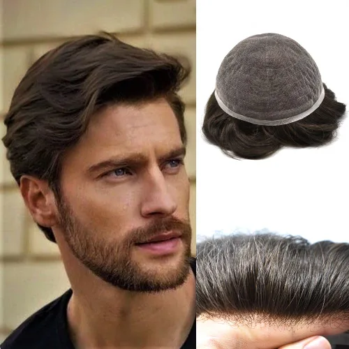 Miniatura 219 de Toupee para hombres nudos blanqueados hombres toupee hairpieces europeo virgen sistema de reemplazo de cabello humano suave encaje francés hombres