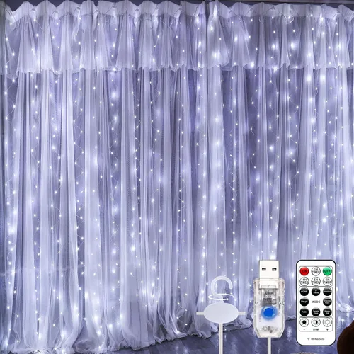 Miniatura 8 de Luz de cortina blanca cálida para dormitorio, 300 LED, 3m x 3m, luz de cadena de hadas para ventana con 16 ganchos, 8 modelos, control remoto