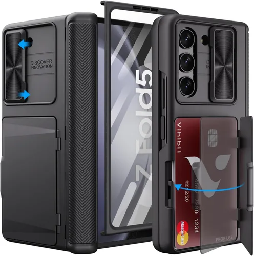 Miniatura 13 de Vihibii Funda para Samsung Galaxy Z Fold 5 con soporte para S Pen, tarjetero y cubierta de lente deslizante, protector de pantalla y protección
