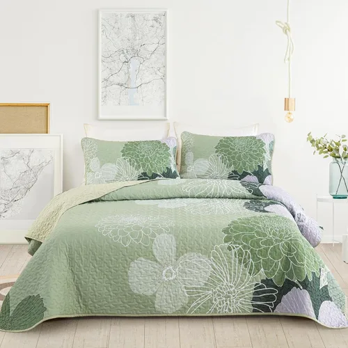 Miniatura 14 de Yiran Juego de edredón floral gris aguamarina, tamaño Queen, colchas botánicas de verano, juego de ropa de cama de 3 piezas, colcha ligera