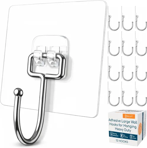 GLUIT Ganchos de pared grandes adhesivos para colgar ganchos resistentes de 22 libras para paredes, sin daños, ganchos transparentes adhesivos para