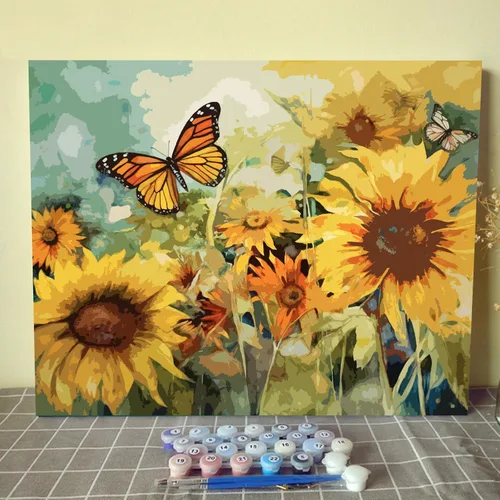 Tucocoo Kits de pintura de paisaje de girasoles por números con pinceles y pigmento acrílico sobre lienzo para adultos, patrón de mariposas y flores