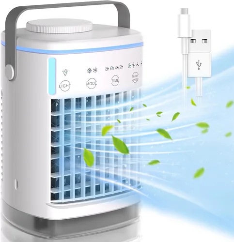 Aire acondicionado portátil, enfriador de aire evaporativo personal con 4 velocidades de viento y luz LED, relleno superior de 23.7 fl oz, mini aire