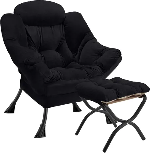 Miniatura 21 de Silla perezosa con otomana plegable, sofá de ocio, sillón de tela suave con reposabrazos y bolsillos laterales, silla de lectura con reposapiés