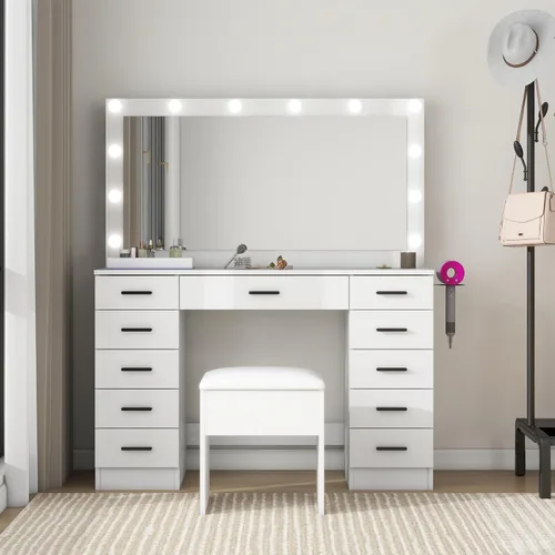 Miniatura 2 de Escritorio de tocador con espejo grande y luces, 11 cajones, mesa de maquillaje con taburete, 3 modos de iluminación, brillo ajustable, tocador