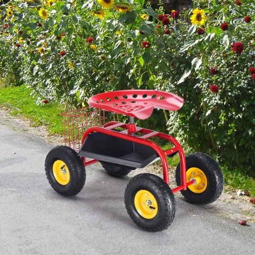 Miniatura 4 de Giantex Asiento de trabajo de jardín rodante, asiento de trabajo de jardinería giratorio 360 con ruedas, cesta de herramientas, altura ajustable