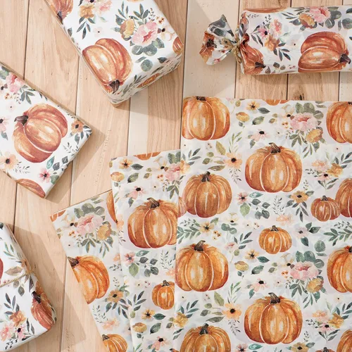 Miniatura 3 de Whaline 100 piezas de papel de seda de otoño con estampado floral de calabaza, papel de regalo de flores vintage para cosecha de otoño, Acción