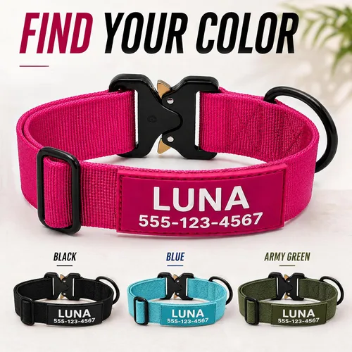 Miniatura 7 de Collar táctico personalizado para perros grandes, collar militar resistente con nombre, hecho de nailon grueso y hebilla de metal fuerte para una