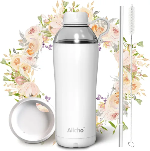 Miniatura 11 de Bow - Botella de agua aislada para mujeres, botellas de agua de acero inoxidable de 18 oz, de doble pared, 2 tapas (para beber y vaso) - Hidrata