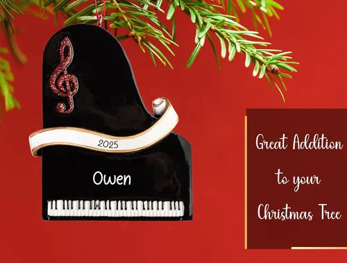Miniatura 4 de Adorno navideño personalizado de instrumento musical de piano 2026 – Personalización gratuita Piano con clave de agudos con purpurina y cinta